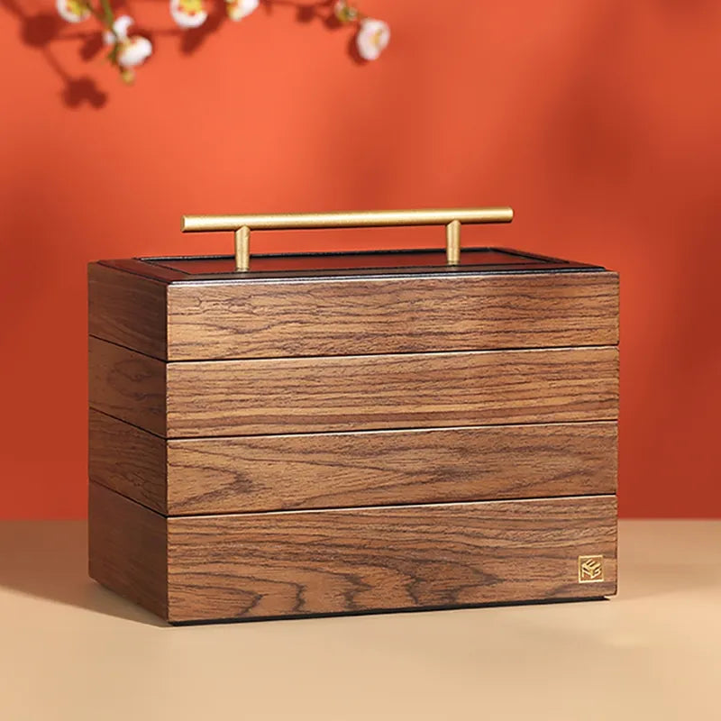 Modern Natural Wooden 4-Tier Jewelry Box with Storage Shelves