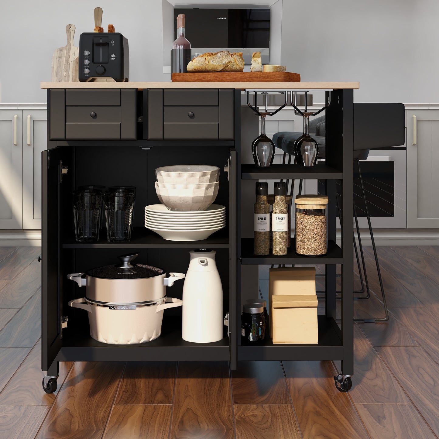 Kitchen Island on Wheels, Kitchen Cart with Cabinet & 3 Layer Shelves, Black