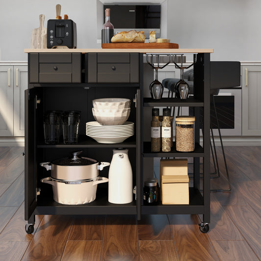 Kitchen Island on Wheels, Kitchen Cart with Cabinet & 3 Layer Shelves, Black