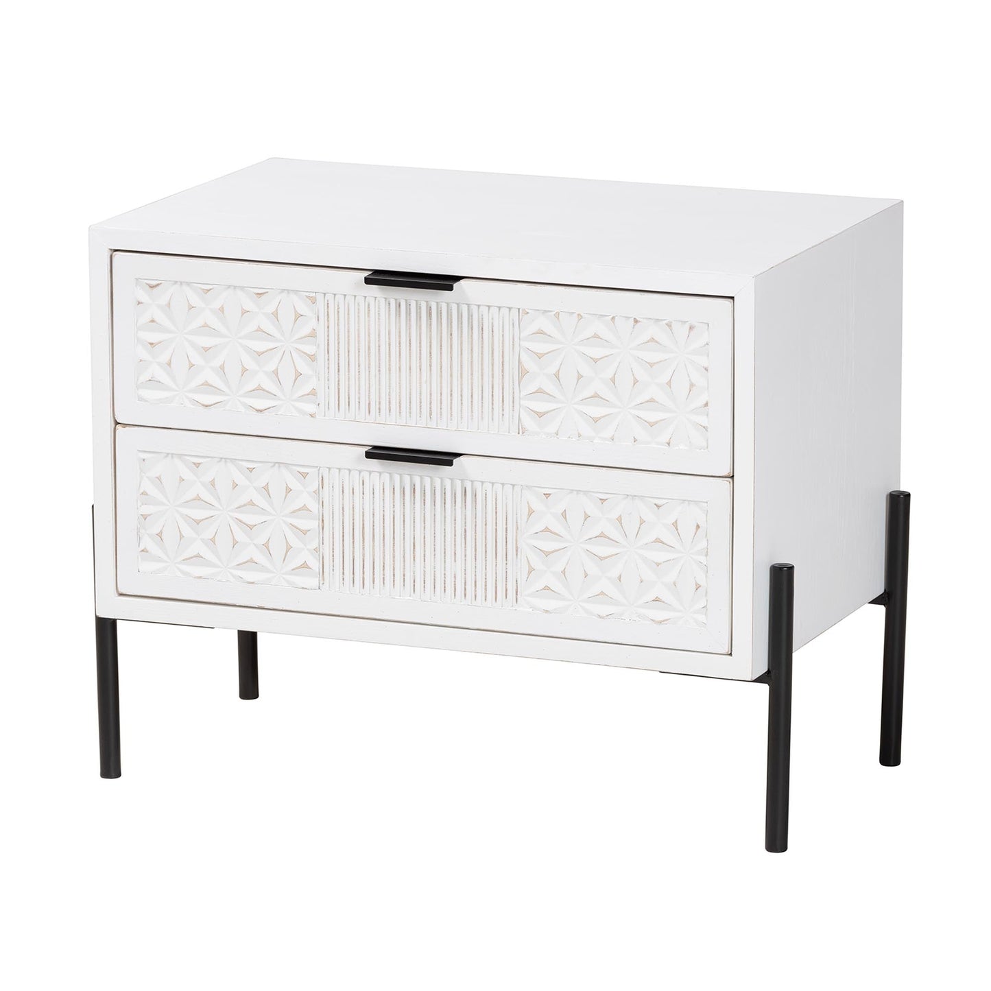 Merryn Mid-century Transitional Distressed White Finished Wood And Black Metal 2-drawer Storage Cabinet