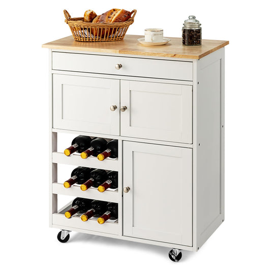 Kitchen Island Cart, Rolling Kitchen Trolley Cart, Wood Storage Cabinet with Large Drawer