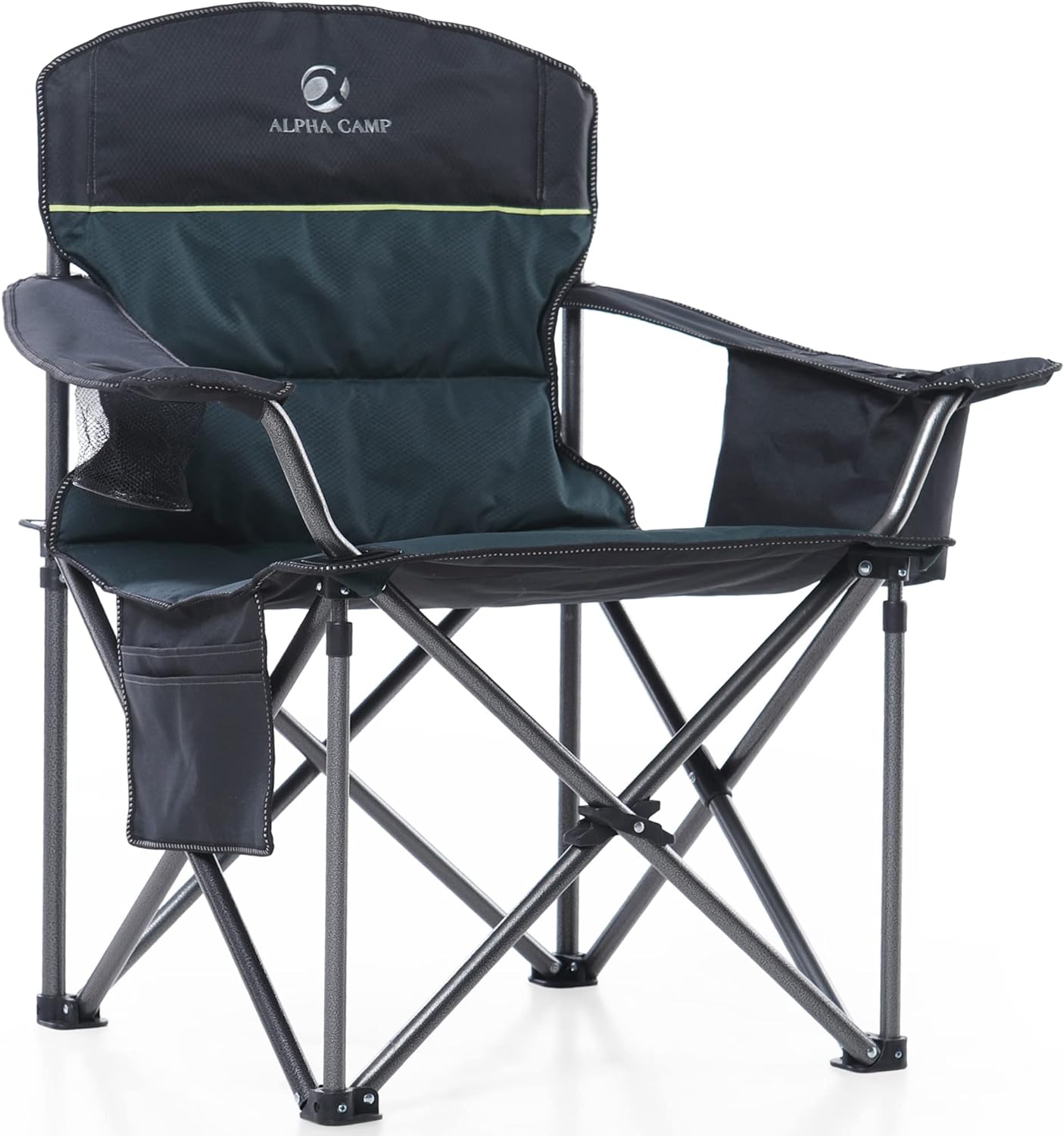 ALPHA CAMP Oversized Heavy Duty Lawn Chair with Cooler Bag Support 450 LBS Steel Frame Camping Folding Collapsible Padded Quad Lumbar Back Arm Chair for Outdoor, Portable, Green