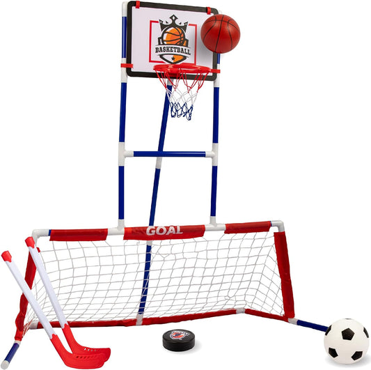 Island Genius 3 in 1 Sports Center for Kids Outdoor Toys for Kids Toddler Ages 3 4 5 6 7 8 Years Old | Basketball Hoop, Soccer Goal, and Hockey
