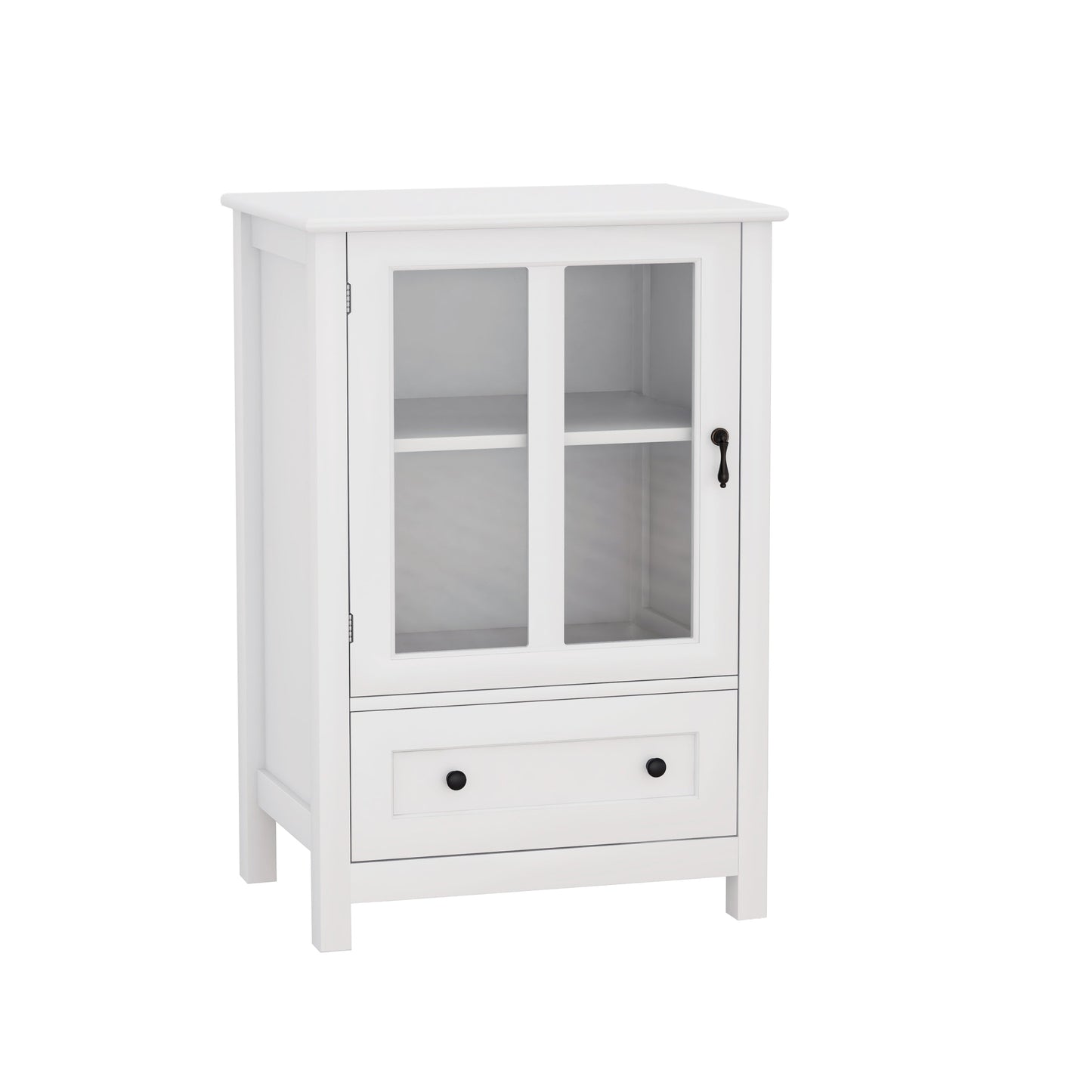 Storage Cabinet with Single Glass Doors and Unique Bell Handle