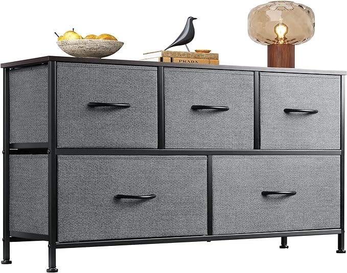 Dresser for Bedroom with 5 Drawers, Wide Chest of Drawers, Fabric Dresser, Storage Organizer Unit with Fabric Bins for Closet, Living Room, Hallway, Rustic Brown Wood Grain Print
