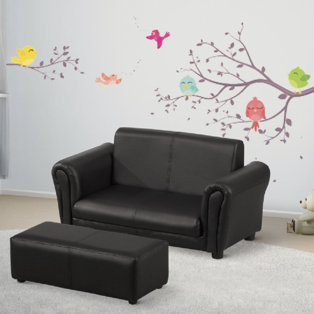 Childrens 2-Seater Mini Sofa Set with Large Footstool | Black | 3-6 Years
