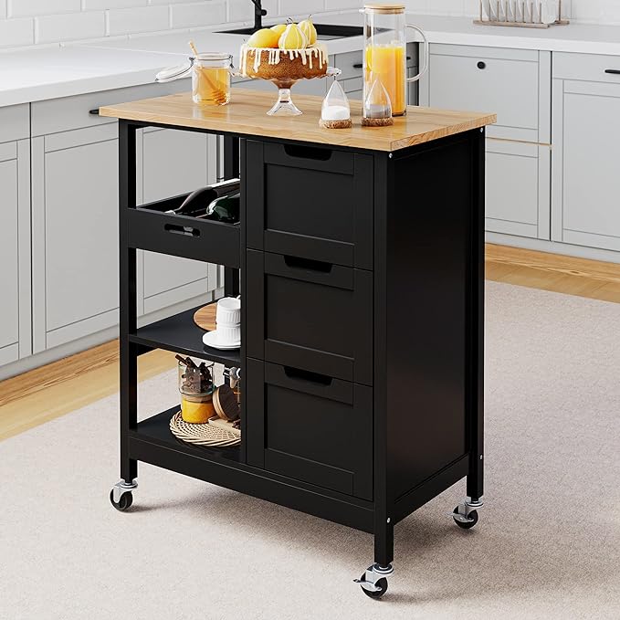 Small Solid Wood Top Kitchen Island Cart on Wheels with Storage, Rolling Portable Dining