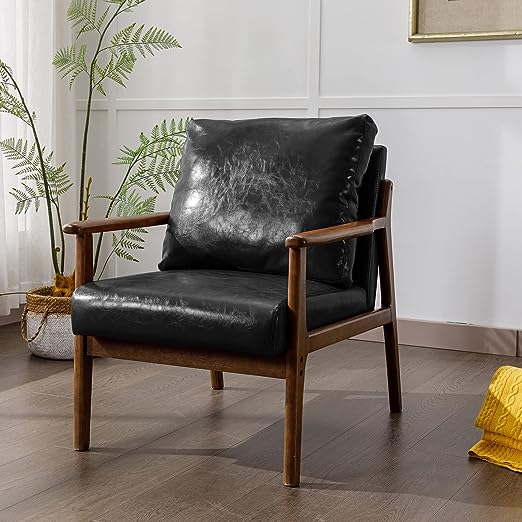 Mid Century Modern Accent Chair, Retro Wood and Fabric Armchairs Side Chair, Lounge Reading Comfy Arm Chair for Living Room, Bedroom, Office (Yellow)