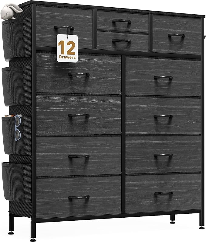 12 Drawer Dresser, Chest of Drawers for Bedroom, PU Dresser Drawers with Side Pockets