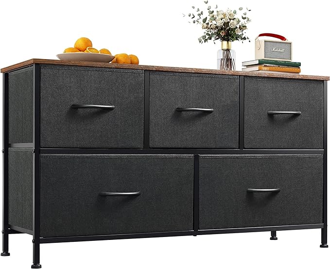 Dresser for Bedroom with 5 Drawers, Wide Chest of Drawers, Fabric Dresser, Storage Organizer Unit with Fabric Bins for Closet, Living Room, Hallway, Rustic Brown Wood Grain Print