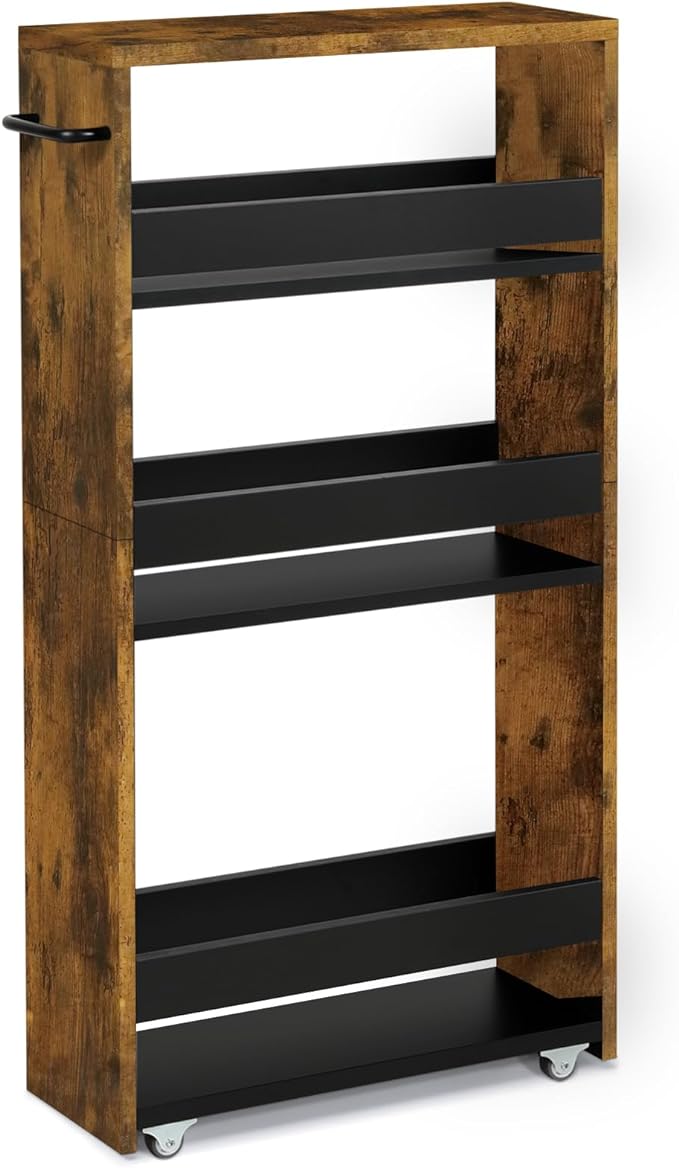 4 Tier Slim Storage Cart with Handle, Slide Out Storage Rolling Utility Cart Mobile Shelving