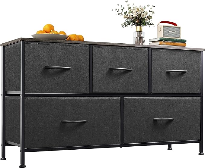 Dresser for Bedroom with 5 Drawers, Wide Chest of Drawers, Fabric Dresser, Storage Organizer Unit with Fabric Bins for Closet, Living Room, Hallway, Rustic Brown Wood Grain Print
