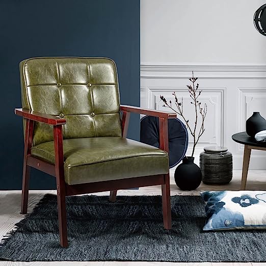 Mid Century Modern Accent Chair, Retro Wood and Fabric Armchairs Side Chair, Lounge Reading Comfy Arm Chair for Living Room, Bedroom, Office (Yellow)