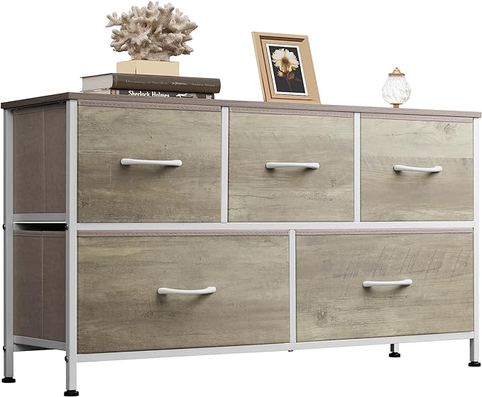 Dresser for Bedroom with 5 Drawers, Wide Chest of Drawers, Fabric Dresser, Storage Organizer Unit with Fabric Bins for Closet, Living Room, Hallway, Rustic Brown Wood Grain Print