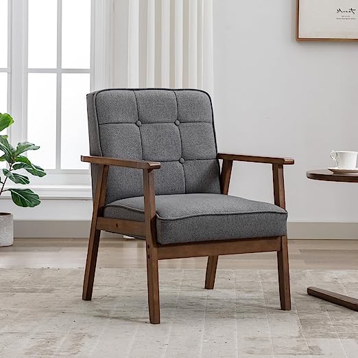 Mid Century Modern Accent Chair, Retro Wood and Fabric Armchairs Side Chair, Lounge Reading Comfy Arm Chair for Living Room, Bedroom, Office (Yellow)