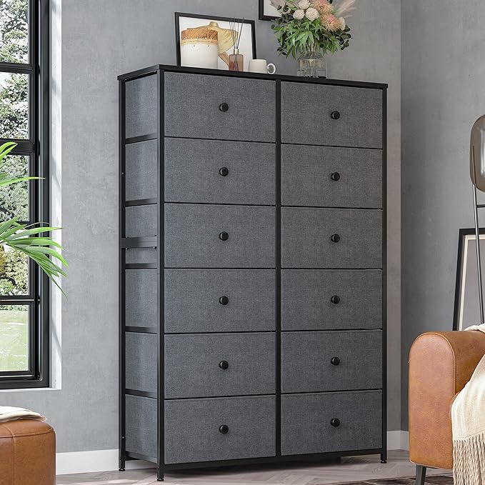 Tall Dressers for Bedroom, 12 Drawer with Wooden Top and Metal Frame, Fabric Dresser