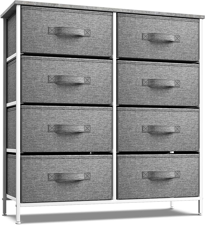 Dresser with 8 Faux Wood Drawers - Chest Organizer Unit with Steel Frame Wood