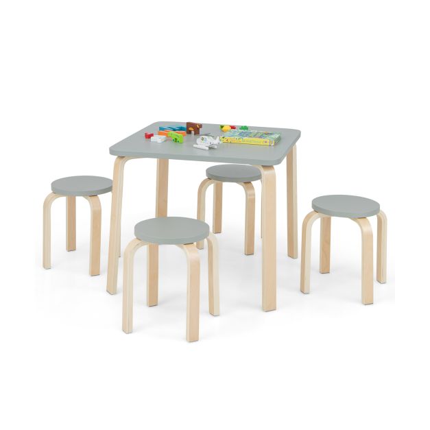 Children's Eco Birch and Poplar Wooden Table & 4 Stackable Stools Set | Space Saving | Grey | 36m+