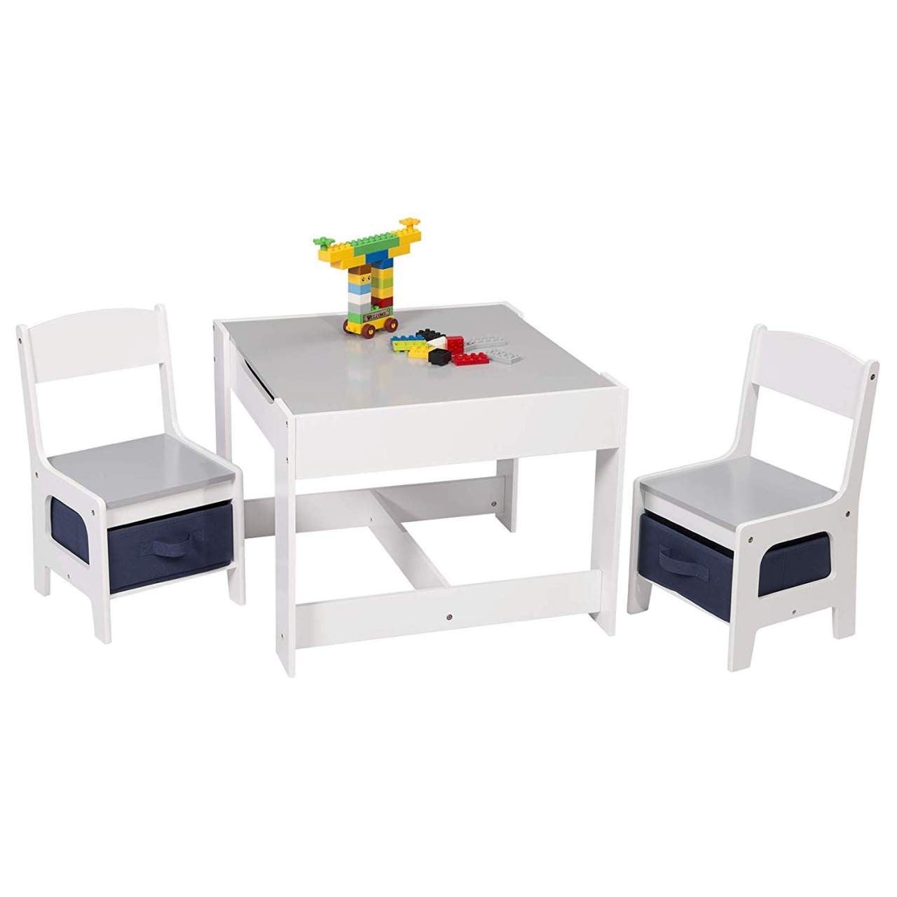 Kids 3-in-1 Table & Chairs | Reversible Top | Blackboard | Navy Blue Storage Drawers