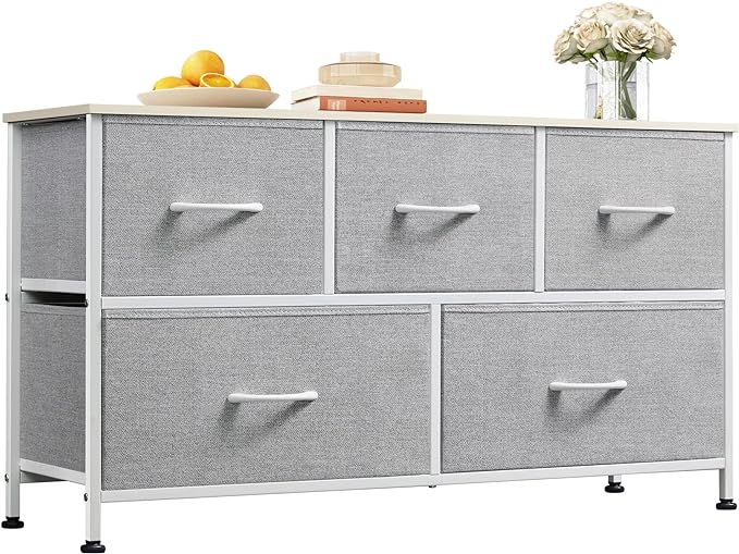 Dresser for Bedroom with 5 Drawers, Wide Chest of Drawers, Fabric Dresser, Storage Organizer Unit with Fabric Bins for Closet, Living Room, Hallway, Rustic Brown Wood Grain Print