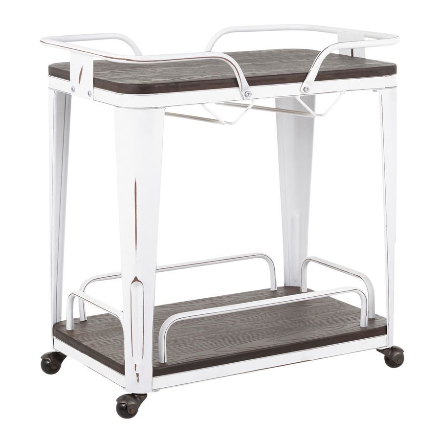Lumisource Oregon Industrial Bar Cart in Vintage White Metal & Espresso Wood-Pressed Grain Bamboo