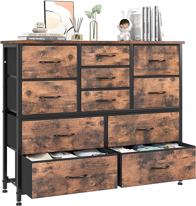 11 Drawers Dresser for Bedroom, Wide Dressers & Chests of Drawers with Wood Top