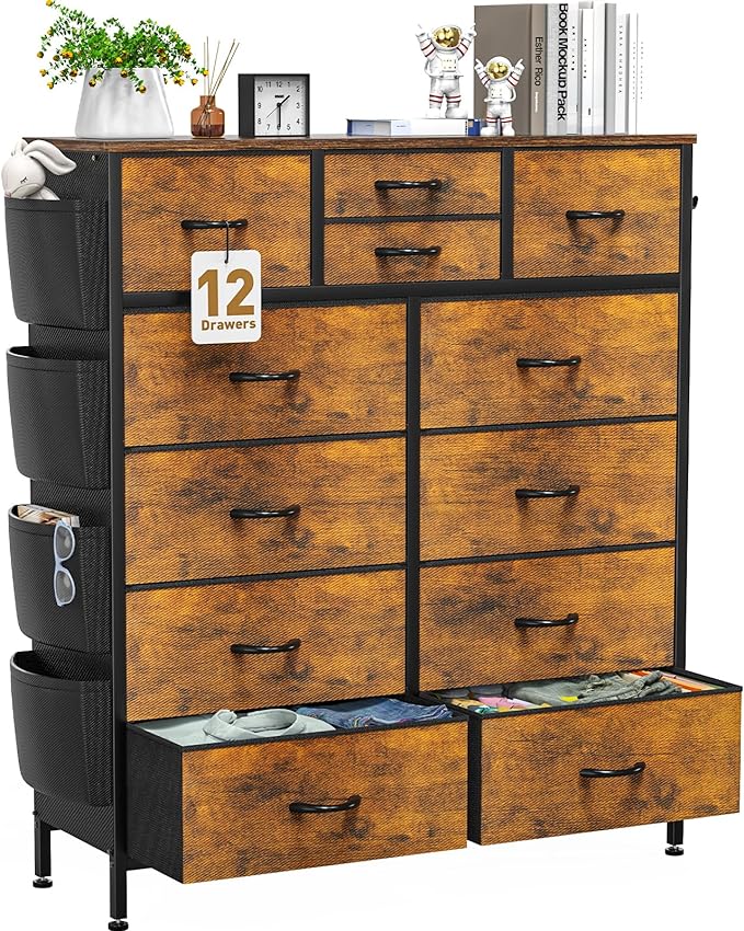 12 Drawer Dresser, Chest of Drawers for Bedroom, PU Dresser Drawers with Side Pockets