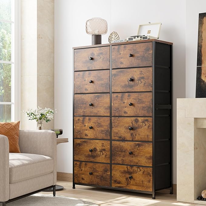 Tall Dressers for Bedroom, 12 Drawer with Wooden Top and Metal Frame, Fabric Dresser