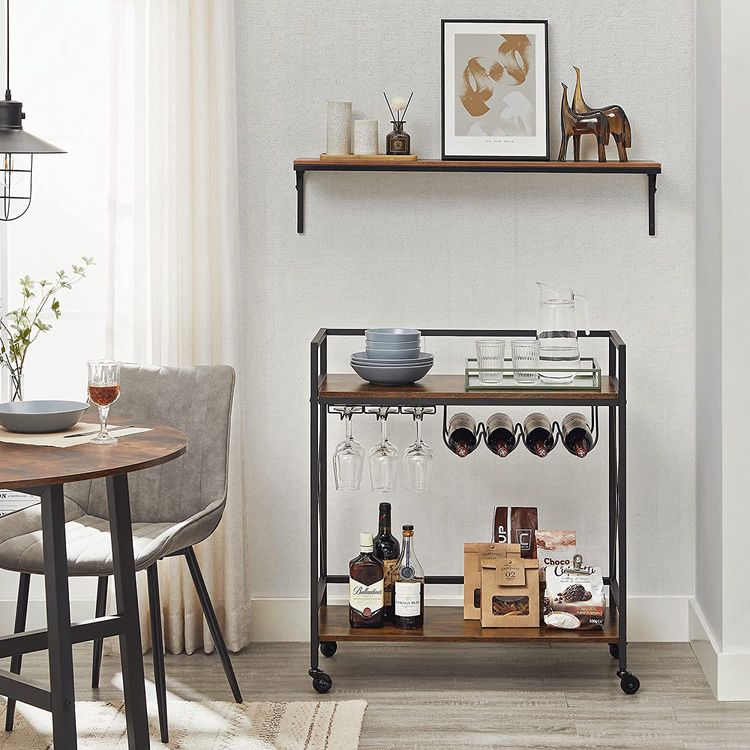 Bar Cart, Serving Cart, Mobile Kitchen Shelf with Glass Stemware Rack and Wine Bottle Holders