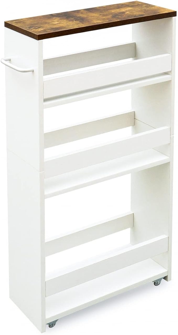 4 Tier Slim Storage Cart with Handle, Slide Out Storage Rolling Utility Cart Mobile Shelving