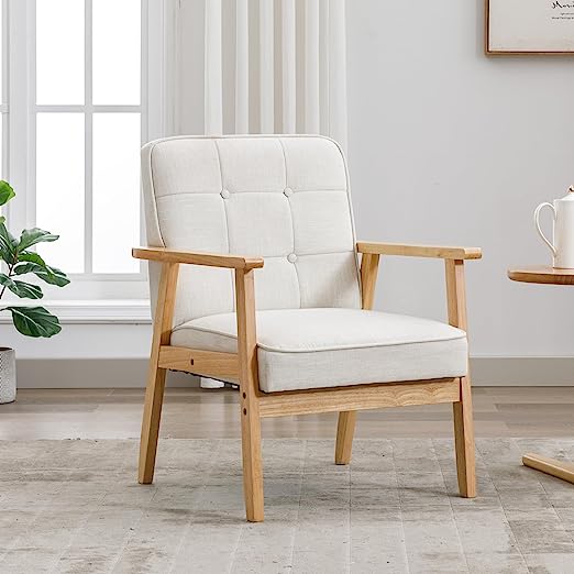 Mid Century Modern Accent Chair, Retro Wood and Fabric Armchairs Side Chair, Lounge Reading Comfy Arm Chair for Living Room, Bedroom, Office (Yellow)