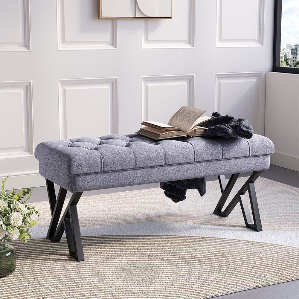 104cm W Mid Century Soft Metal Upholstered Bench Benches Living and Home Grey