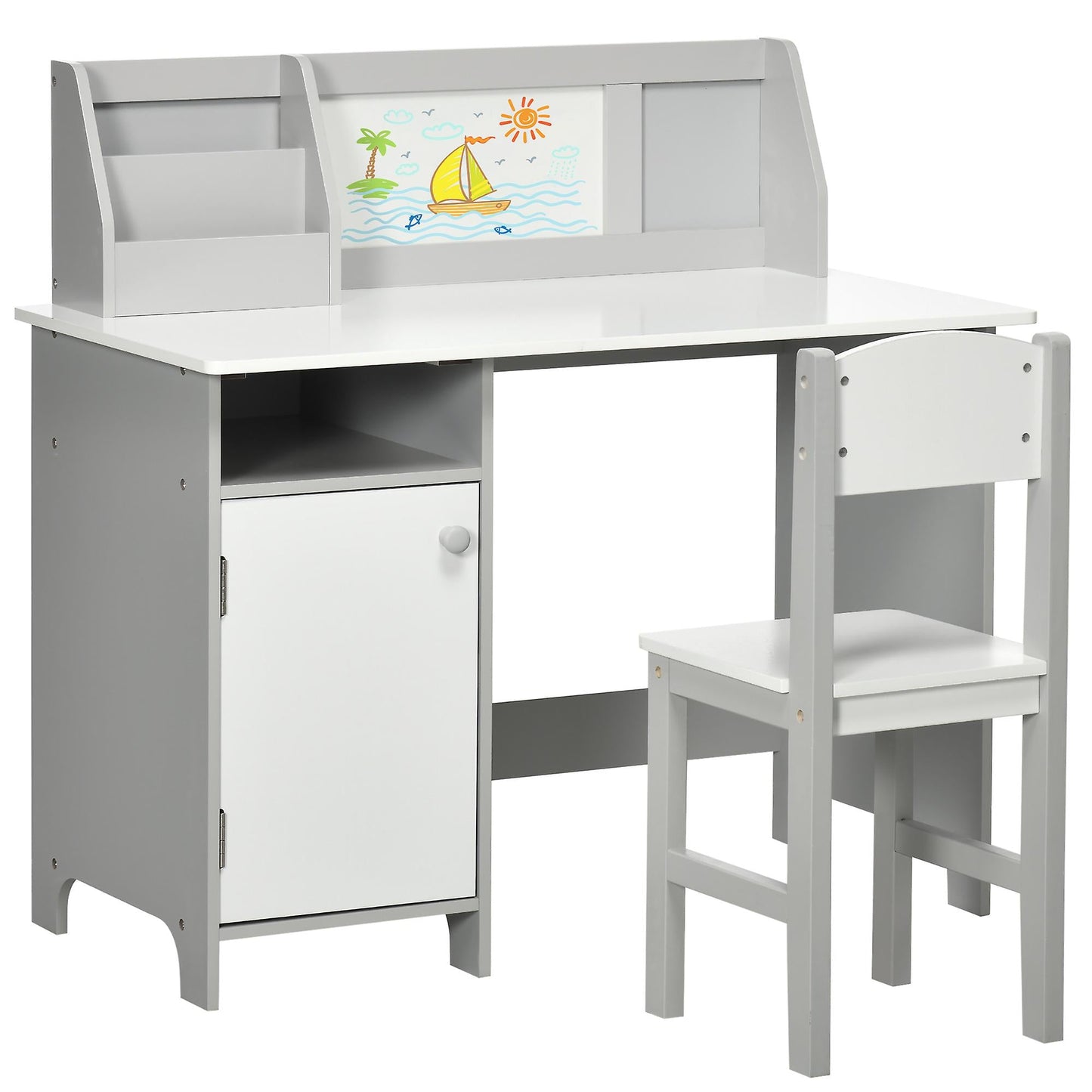 Montessori Homework Desk | Whiteboard | Storage & Chair | White & Grey | 5-8 Years