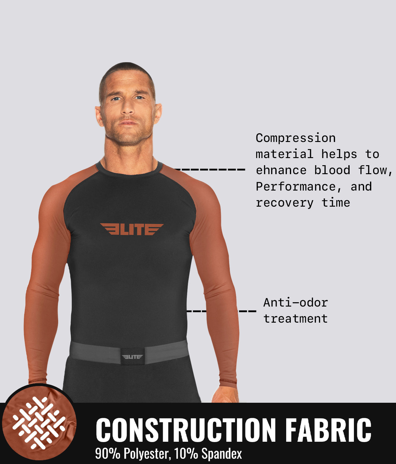 Men's Standard Brown Long Sleeve Wrestling Rash Guard