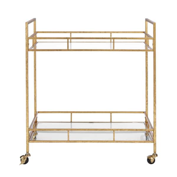 Rolling Bar Cart Antique Gold Leaf Metal Frame Glass Top 2-Tier Locking Casters