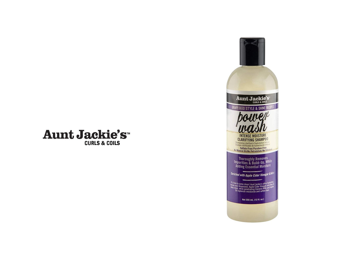 AUNT JACKIE'S GRAPESEED STYLE & SHINE RECIPES POWER WASH INTENSE MOISTURE CLARIFYING SHAMPOO 12oz