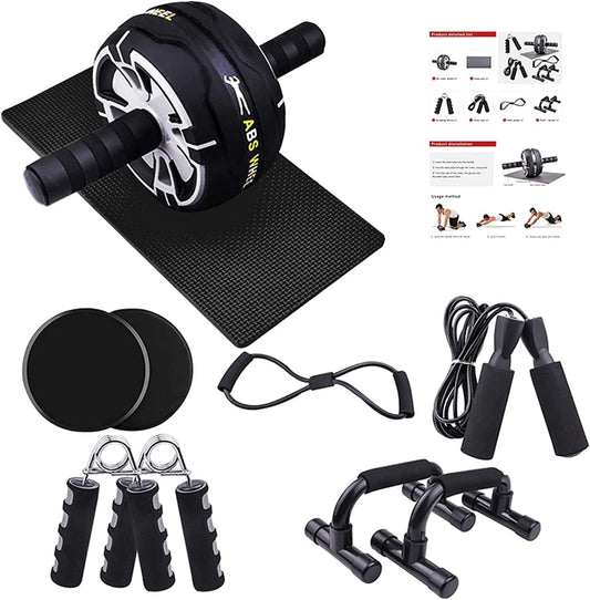 JAMKGAO Ab Roller for Abs Workout, 9-In-1 Ab Wheel Roller Kit with Knee Pads, Skipping Rope, Hand Exerciser, Home Fitness Equipment for Men and Women Core Strength and Abdominal Exercises, Black