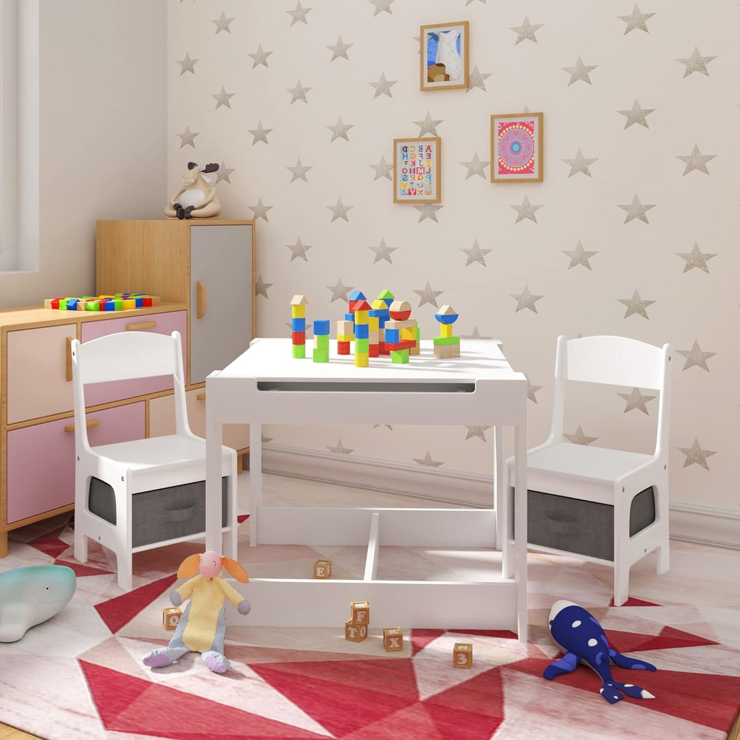 Montessori 4-in-1 Table & Chairs | Reversible Top | Blackboard | Desk | Paper Roll | Grey Storage Drawers