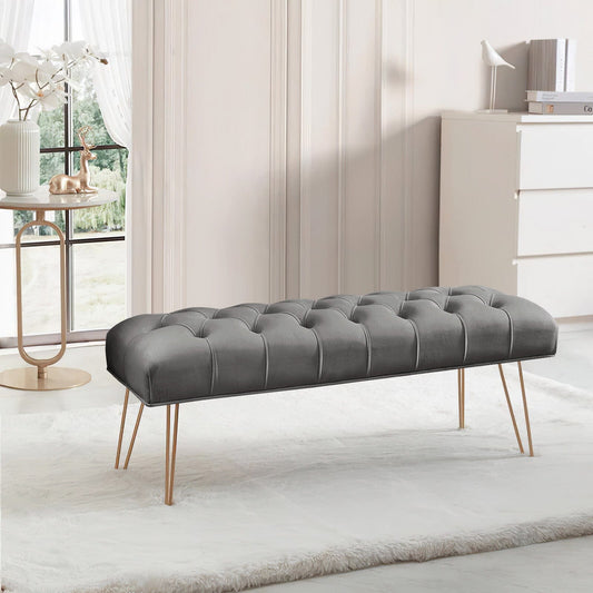 Buttoned Velvet Bench Gold Hairpin Legs