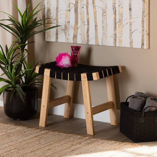 Nahla Rustic Mid-Century Modern Black and Oak Brown Finished Wood Accent Bench