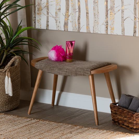 Banner Mid-Century Modern Light Brown Fabric Upholstered and Oak Brown Finished Wood Accent Bench