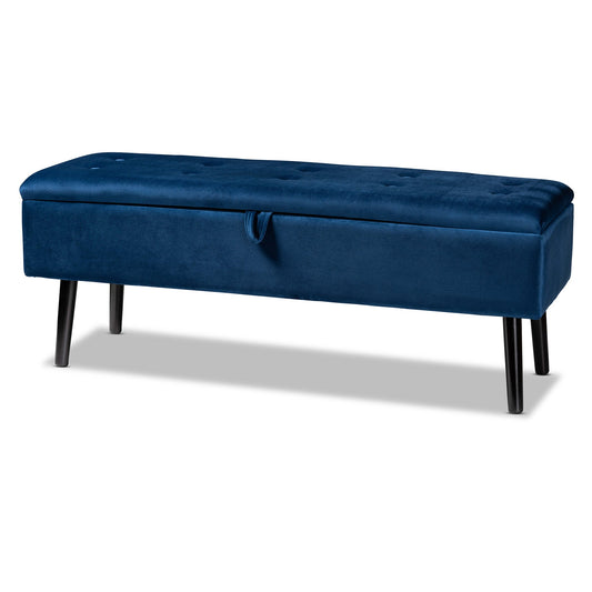 Skyline Decor Caine Modern and Contemporary Navy Blue Velvet Fabric Upholstered and Dark Brown Finished Wood Storage Bench