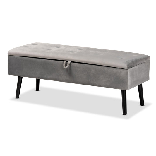 Skyline Decor Caine Modern and Contemporary Grey Velvet Fabric Upholstered and Dark Brown Finished Wood Storage Bench
