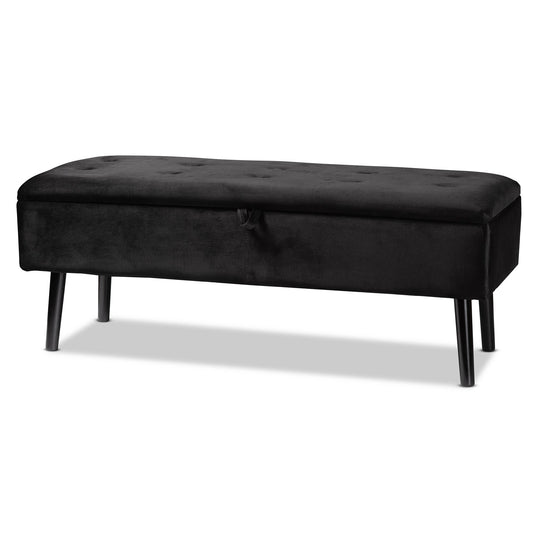Skyline Decor Caine Modern and Contemporary Black Velvet Fabric Upholstered and Dark Brown Finished Wood Storage Bench