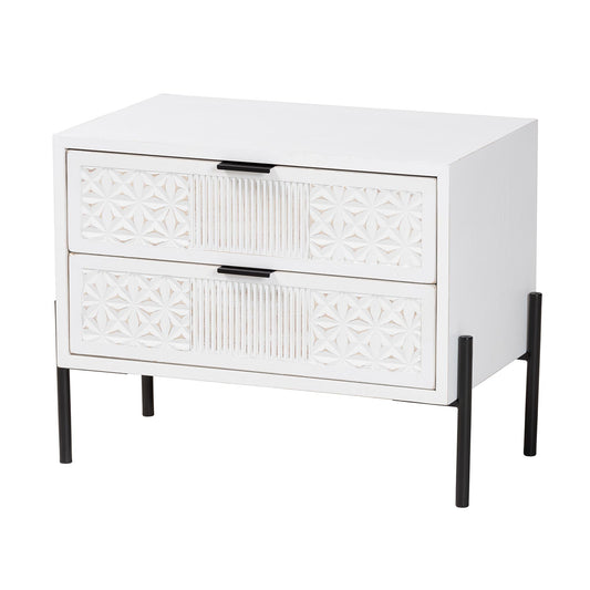 Merryn Mid-century Transitional Distressed White Finished Wood And Black Metal 2-drawer Storage Cabinet