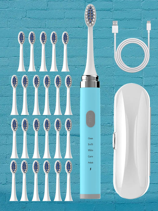 Electric Toothbrush For Adults, Model Charging-f Blue Travel Box (with 24 Brush Heads), Soft S, Replaceable Brush Head, No Dead Corner For Oral Cleaning. Ipx7 Waterproof Level, Intelligent Teeth Cleaning, One-button Start To Clean Teeth And Protect