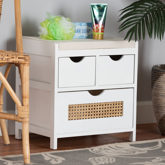 Bastian Modern And Contemporary Light Beige Fabric And White Finished Wood 3-drawer Storage Bench With Natural Rattan