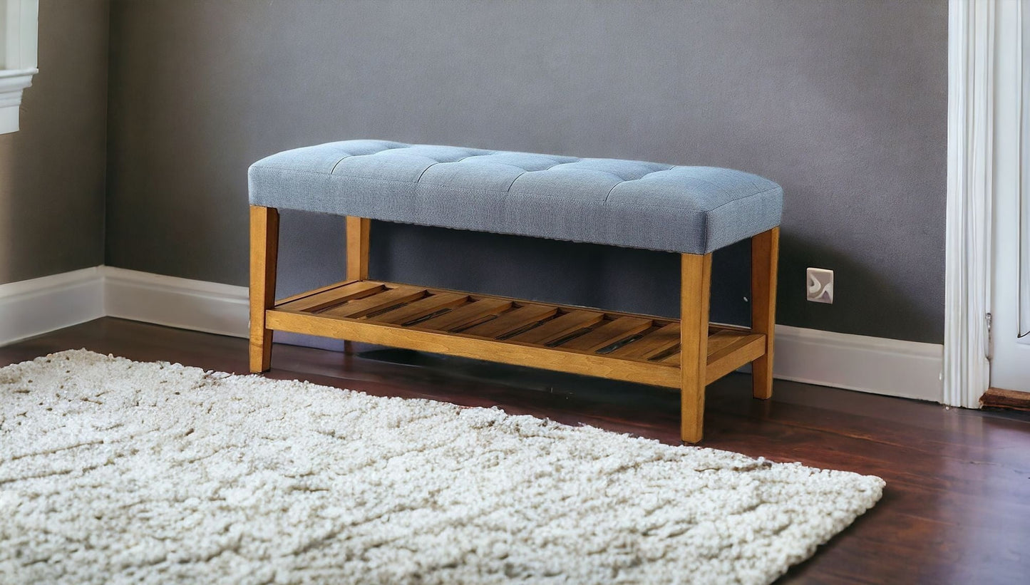 40" Gray and Brown Upholstered Linen Blend Bench with Shelves