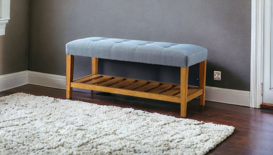 40" Gray and Brown Upholstered Linen Blend Bench with Shelves