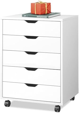 DEVAISE 5-Drawer Chest, Wood Storage Dresser Cabinet with Wheels, White